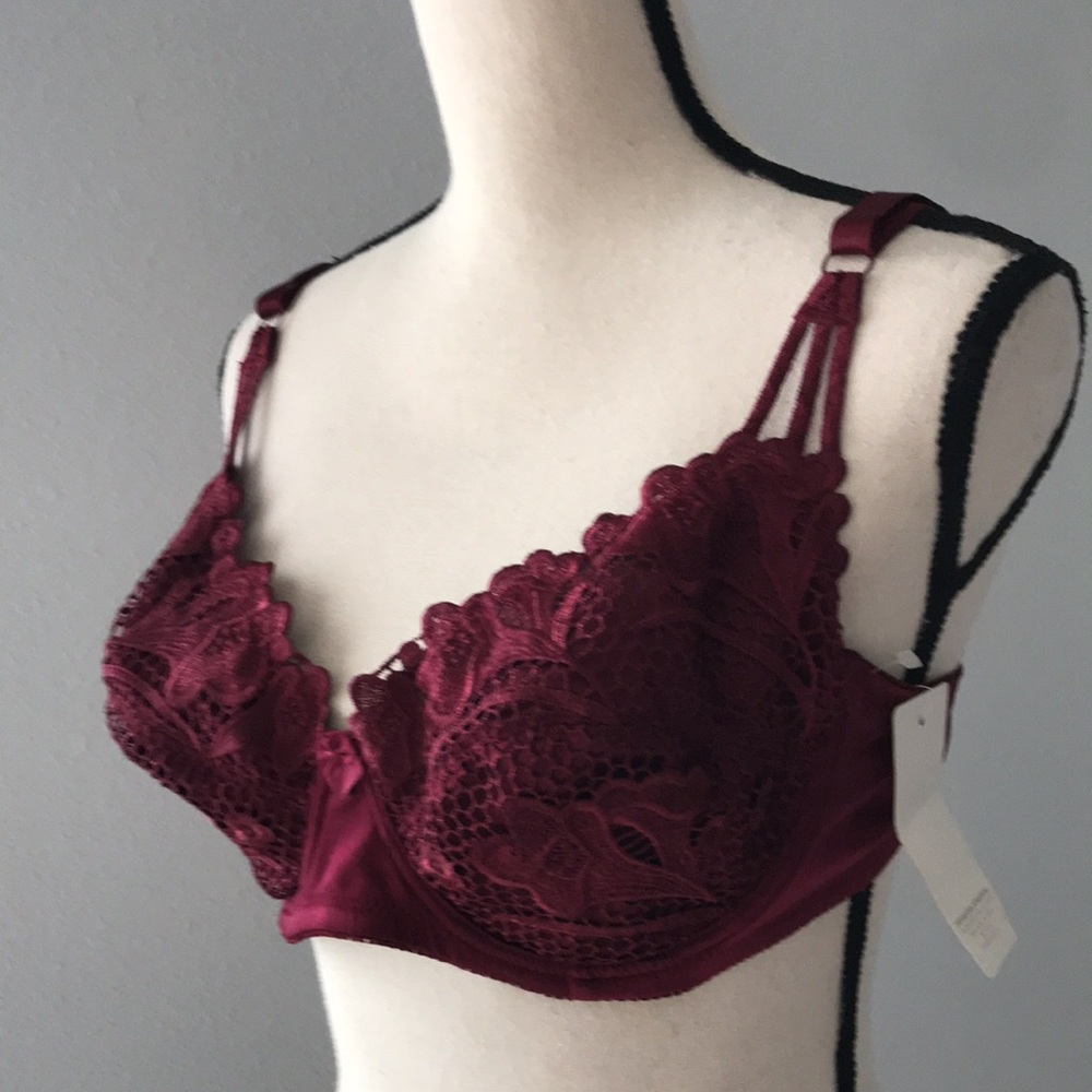 ❤️3X20 RENE ROFE Women Lace Embroidered Underwire Unlined Burgundy Bra |…